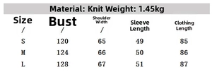 Detailed size chart for fringe knit coat showing measurements for S, M, and L sizes