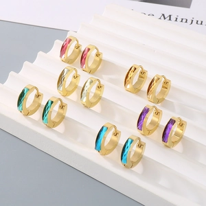 Minimalist titanium steel hoop earrings featuring colorful rectangular zircon gemstones