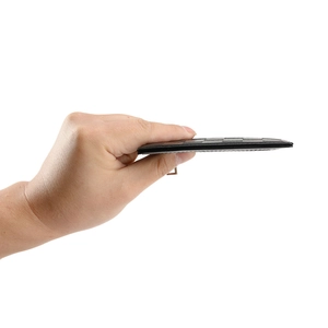 Slim black checkered pattern leather card holder wallet held to show thin profile