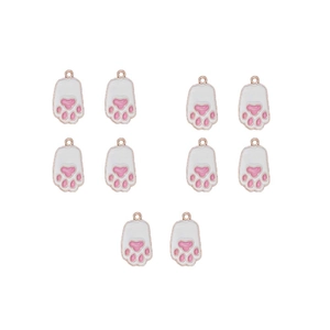 Detail showing 10 white and pink enamel cat paw charms with rose gold metal finish