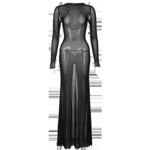 Detail of sheer black mesh dress featuring a high collar with decorative dot embellishments