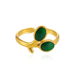 Elegant gold plated stainless steel open ring with green enamel leaves detail