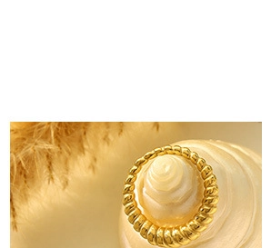 Macro shot of 18k gold plated twist dome ring on decorative seashell background