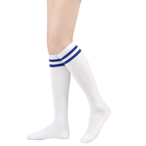 Detailed view of white knee-high JK socks with blue stripes on model legs