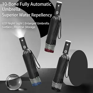 LED Flashlight Automatic Reverse Umbrella Reinforced Ribs Reflective Strip Windproof Portable UV Protection Folding
