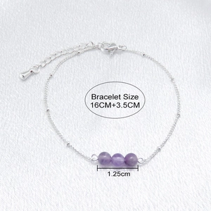 Minimalist 925 silver beaded bracelet with natural purple stones 16cm+3.5cm chain