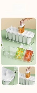 Detail showing 6-cell ice pop mold with easy-release water base and clear plastic box