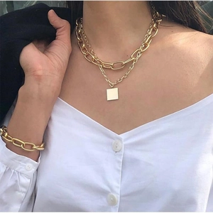 Detailed view of chunky 18k gold plated stainless steel chain necklace with square pendant