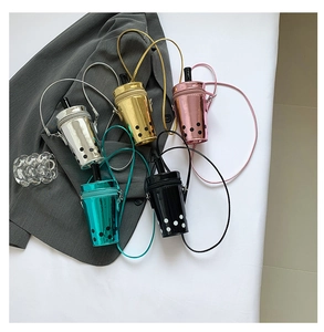 Detailed group view of creative milk tea cup crossbody bags in five metallic colors