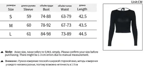 Size chart for backless long sleeve crop top in S, M, L with detailed measurements