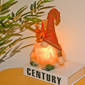 Close-up of lighted Thanksgiving gnome plush with warm LED beard on decorative books