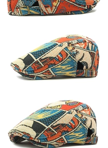 Detail view of ethnic jacquard pattern and adjustable bronze metal buckle on beret hat