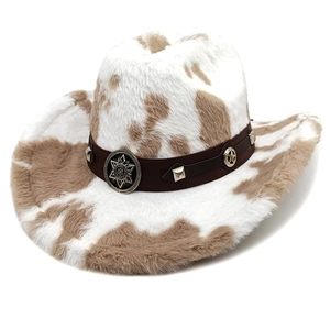 Western cow print cowboy hat with faux fur finish and decorative star leather band