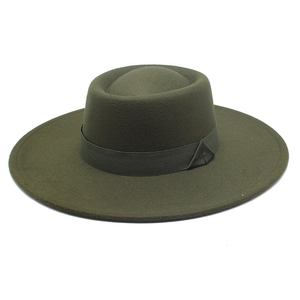 British style olive green wool felt flat top hat with wide brim and ribbon decoration