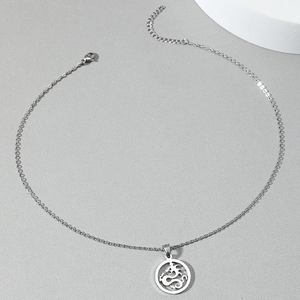 Minimalist silver stainless steel necklace featuring a cutout dragon totem pendant on link chain