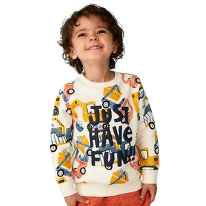 Close-up of boys crewneck sweatshirt with colorful excavator prints and Just Have Fun text