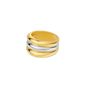 Three-layer polished ring with two gold outer bands and a silver center strip