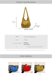 Detailed size specifications and vibrant plush tote bags in blue, red, and yellow colors