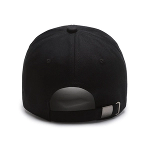 Classic black cotton baseball cap with adjustable metal buckle on back, rear view