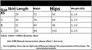 Size chart for mini skirt showing XS to L measurements in cm for waist and hips