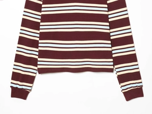 Detailed view of burgundy and sky blue striped knit fabric with ribbed cuffs and hem
