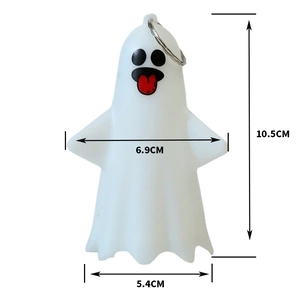 Detailed view of white ghost ornament with metal ring and size markings 10.5cm height