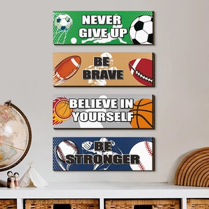 Set of 4 sports wall plaques with basketball and football icons for boys' bedroom