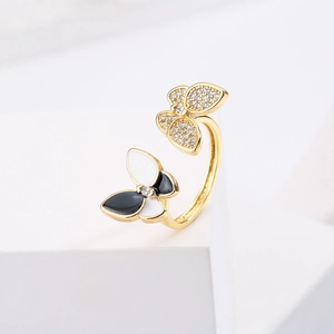 18K gold plated butterfly open ring with zircon inlay and black-white enamel details