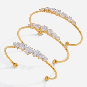 Fashion Stainless Steel Zirconia Open Bangle For Women 18K Gold Plated Heart Round Inlaid Adjustable Bracelets Jewelry
