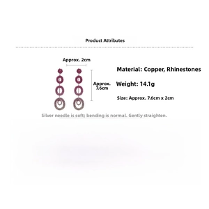 Detailed specs for purple rhinestone geometric drop earrings with copper and silver needles