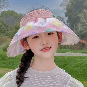Pink wide brim sun hat for girls with cute cartoon bunny prints and airy mesh design