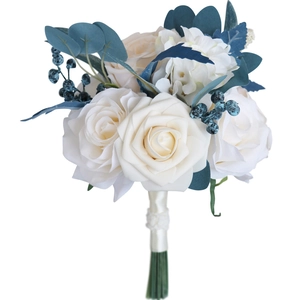 Artificial wedding bouquet with cream roses, blue berries, and white satin ribbon