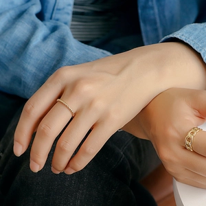 Minimalist gold plated brass twisted rope ring and chain link ring for stackable look
