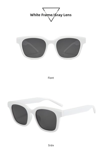 Front and side views of white thick frame square sunglasses with dark gray lenses