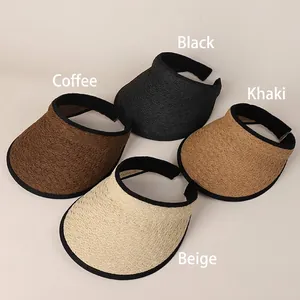 Women's woven sun visors in coffee, black, khaki, and beige colors for beach vacation