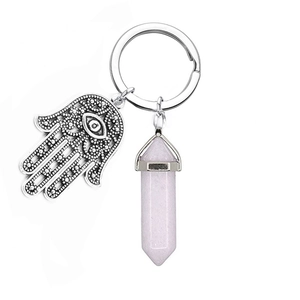 Hamsa hand keychain with natural pink crystal hexagonal bullet pendant on silver metal ring