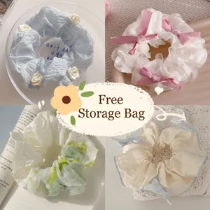 Elegant chiffon ballet bow scrunchies set in pastel blue, pink, and floral patterns