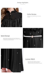 Détails du col en dentelle, de la ceinture perlée et du jupon plissé d'une robe noire