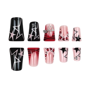 Punk leopard print and red gradient duckbill press-on nails with star pendants and studs