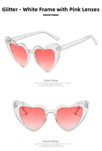 Detailed views of glitter white heart sunglasses with pink gradient lenses