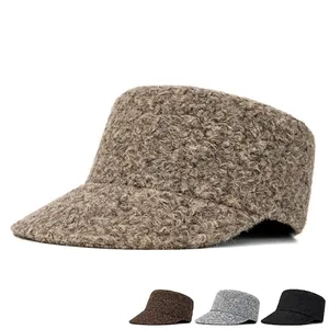 Women Lamb Wool Cadet Cap Warm Winter Flat Top Military Hat Solid Color Adjustable Windproof Fashion