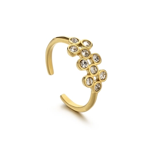 Elegant gold titanium open ring featuring a cluster of sparkling clear gemstones