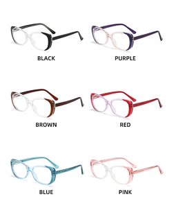 Collage of cat-eye anti-blue light glasses frames in six vibrant transparent colors