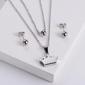 Minimalist silver stainless steel jewelry set with crown pendant necklace and ball earrings