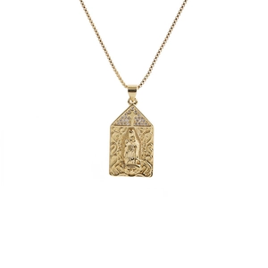 Gold plated Virgin Mary pendant necklace with cross and diamonds on a box chain