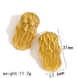 Irregular wrinkled 18K gold plated stud earrings with dimensions 31mm by 17.6mm