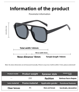 Size chart for candy color double-bridge sunglasses showing PC frame dimensions and weight