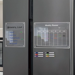 Magnetic acrylic weekly planner and grocery list set on fridge with colorful markers