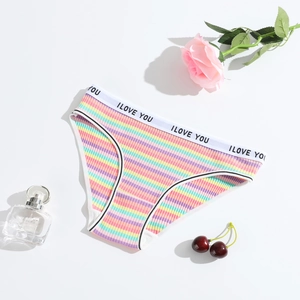 Rainbow striped cotton rib panties for women with I LOVE YOU letter print waistband
