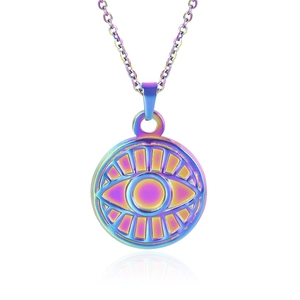 Macro shot of iridescent evil eye medal pendant necklace with polished rainbow finish